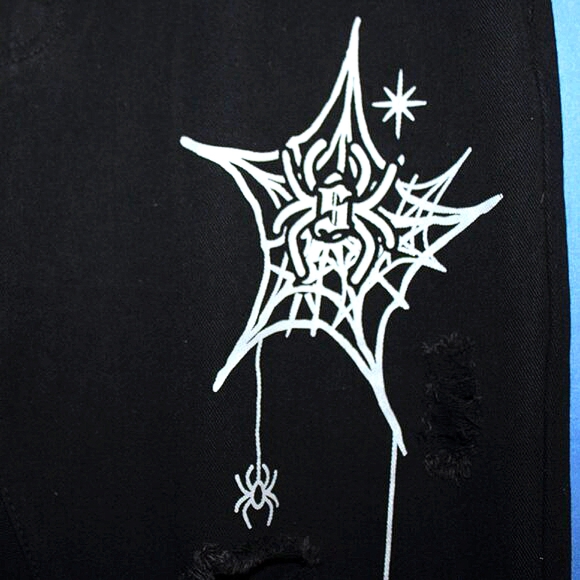 Thrashed Spider Web & Spider Print Black Jeans - Men's 36x29.5 - Goth/Punk Style - Picture 3 of 9
